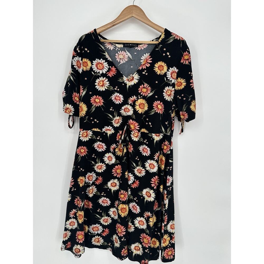 Derek Heart Plus 2X Black Floral Dress Tie Sleeve Fit Flare Boho Witchy Fairy - Picture 2 of 8